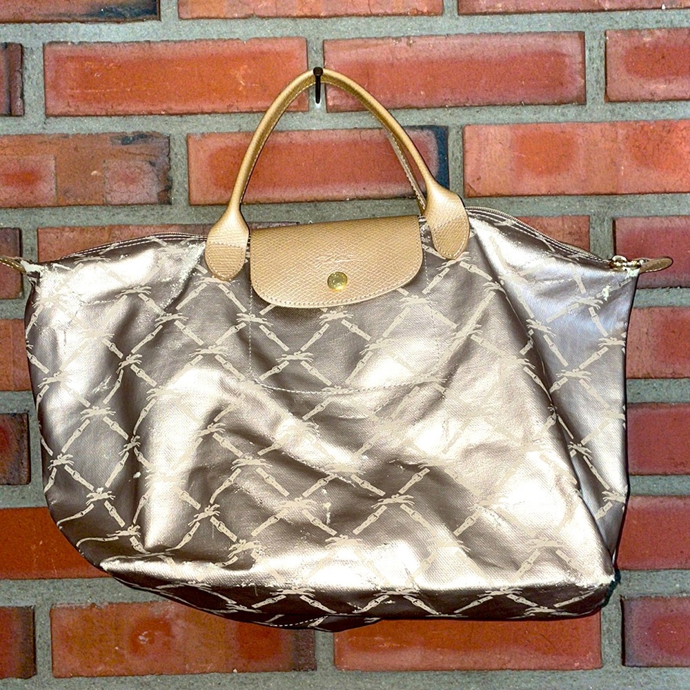 Longchamp gold leather tote large some damage leather horse print rare 12” x 10”